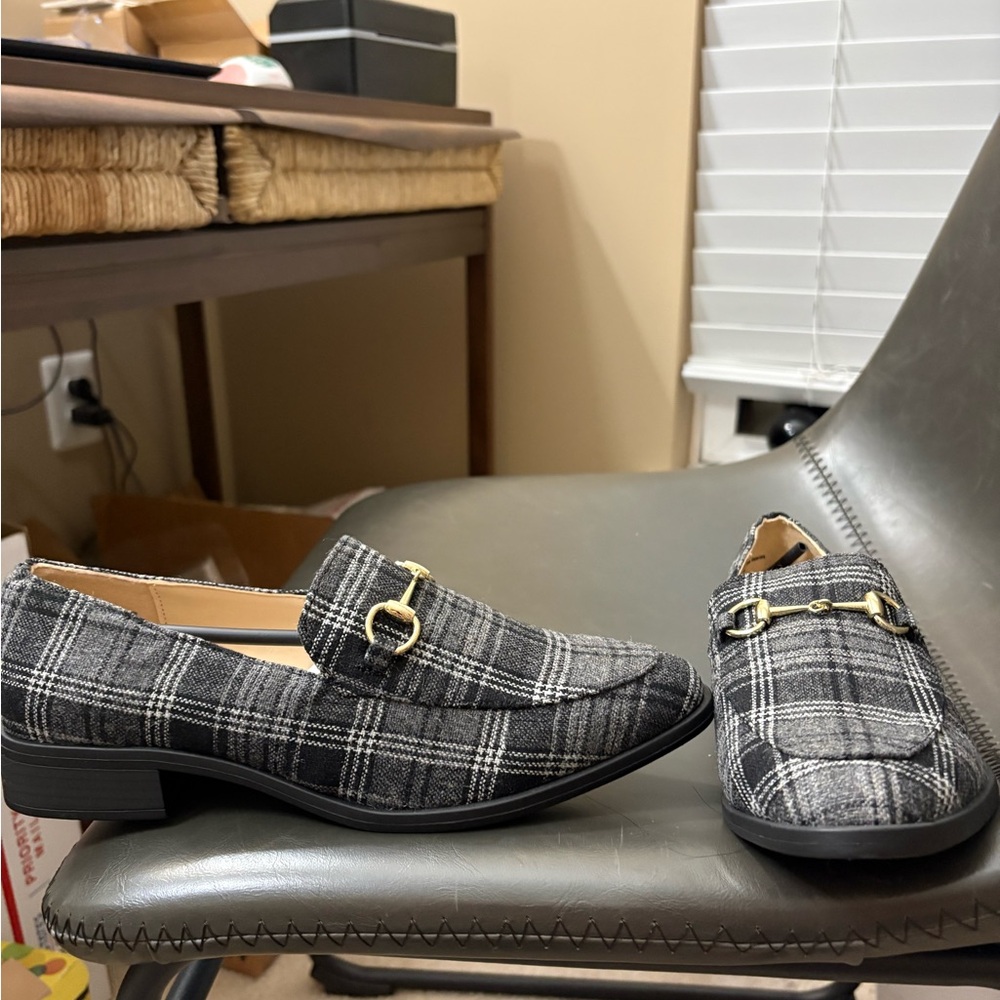 Plaid Grey Women's Loafers with Gold Bit Accent